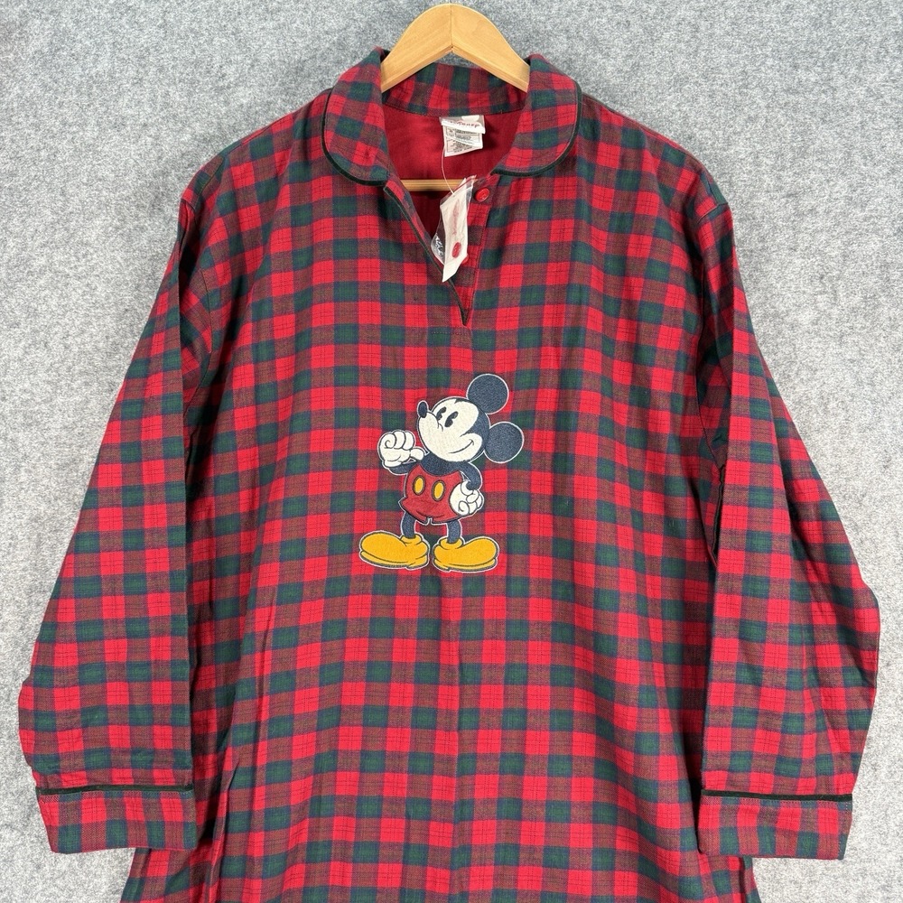 Disney Store Mickey Mouse Red‎ Plaid Flannel Womens L Nightgown Pajamas NWT